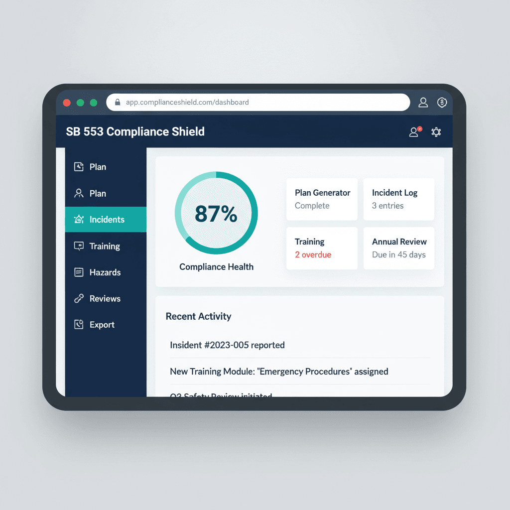SB 553 Compliance Shield dashboard showing compliance health score and module status